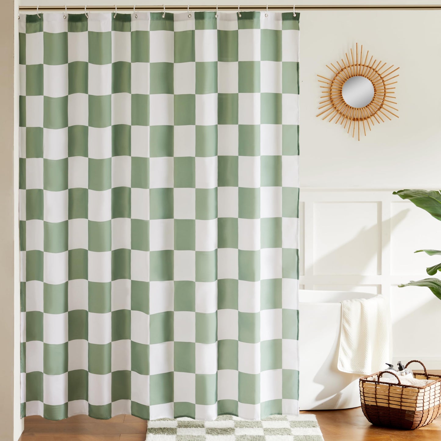 Ohocut Checkered Shower Curtain, Sage Green Shower Curtains for Bathroom, Cute Retro Checkerboard Vintage Aesthetic, Machine Washable Fabric Bath