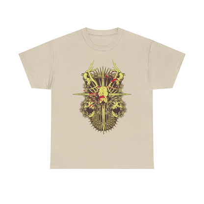 The colour palette of the Men's Artistic Skull T-Shirt with Antlers, Game of Thrones Inspired Design showcasing muted yellow and delicate pink splatters.