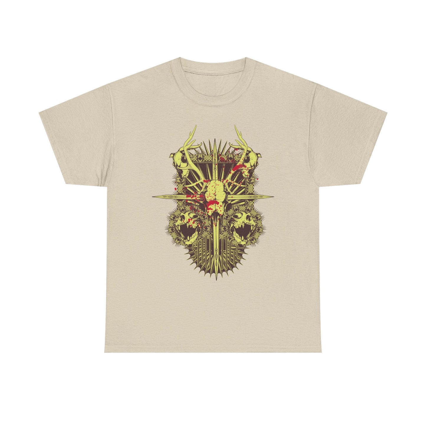 Elegant beige men's t-shirt displaying a captivating skull emblem with ornate antlers, embodying sophistication with a touch of the macabre.