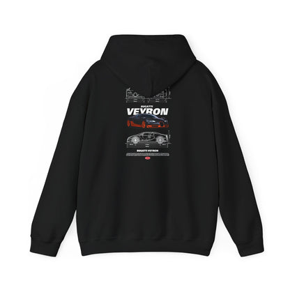 Black hoodie showcasing an artistic Bugatti Veyron design on the back, blending high-octane style with elegance.