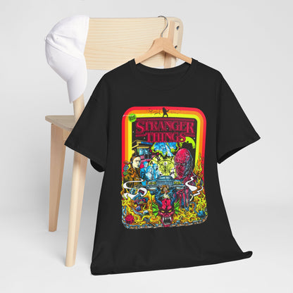 Stylish 'Stranger Things' graphic t-shirt showcased on a chair, emphasizing the vibrant design and retro theme, perfect for chic casual wear.