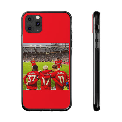 Elegant Manchester United Mainoo Garnach Hojlund Soft Phone Case showcasing iconic team players on a striking red background, ideal for dedicated supporters.