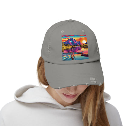 Unisex Distressed Paddleboarders Cap – Stylish Sun Protection for Adventure Seekers, modelled elegantly by a woman wearing a grey cap adorned with a vibrant paddleboarding scene, perfect for adventurous outings.