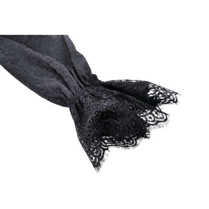 Model wearing the Felicity Gothic Tailcoat Shirt, exuding confidence in luxurious gothic fashion with high collar and stunning sheer panel.