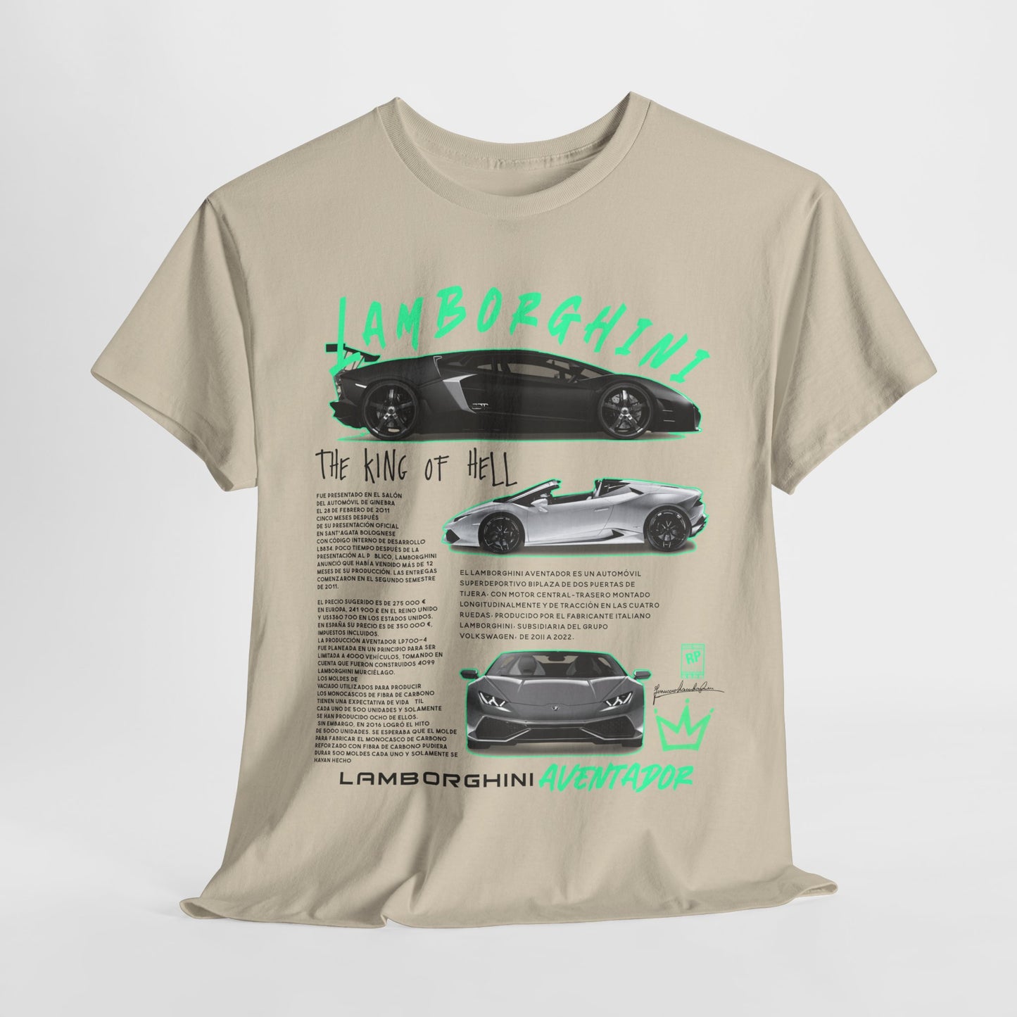 Lamborghini Aventador Graphic Tee displayed flat, showcasing vibrant car designs and detailed text celebrating the legacy of Lamborghini, perfect for automotive enthusiasts.