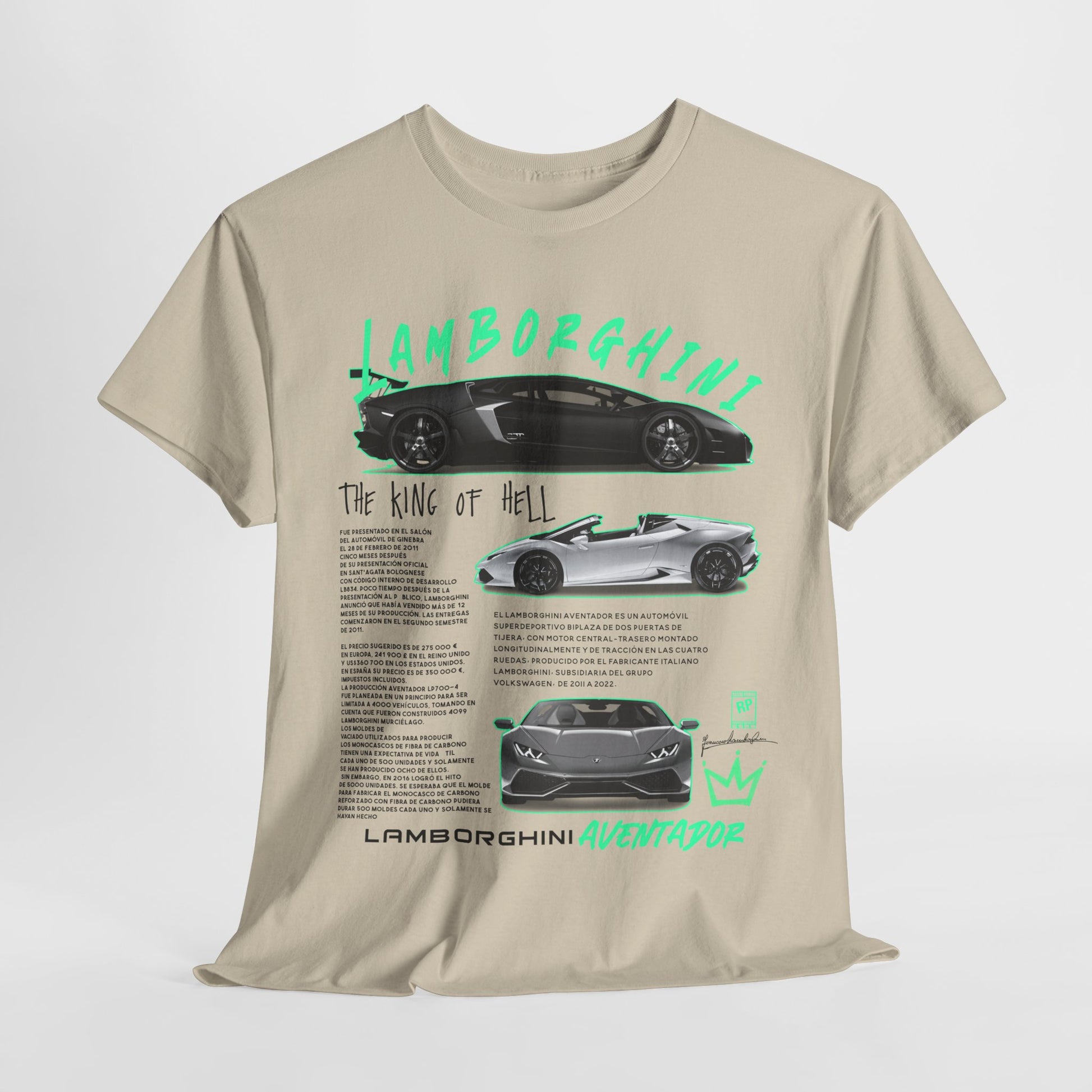 Lamborghini Aventador Graphic Tee displayed flat, showcasing vibrant car designs and detailed text celebrating the legacy of Lamborghini, perfect for automotive enthusiasts.