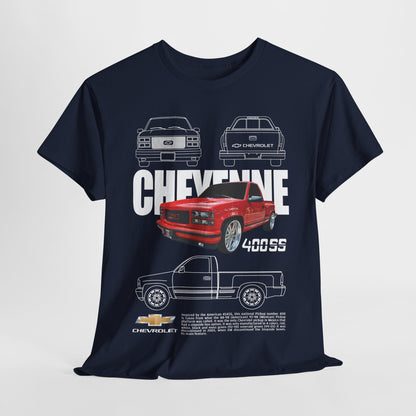 Luxurious Chevrolet Cheyenne T-shirt featuring bold graphic design with iconic pickup truck imagery in a classic navy hue, artfully displayed on a pristine background.