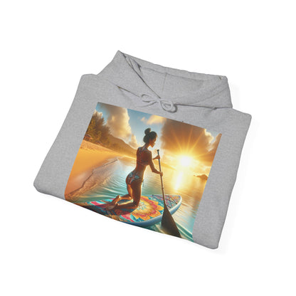 Fantasy Paddleboarding Unisex Hooded Sweatshirt elegantly folded, featuring a vibrant sunset paddleboarding scene, a luxurious addition to any adventurous wardrobe.