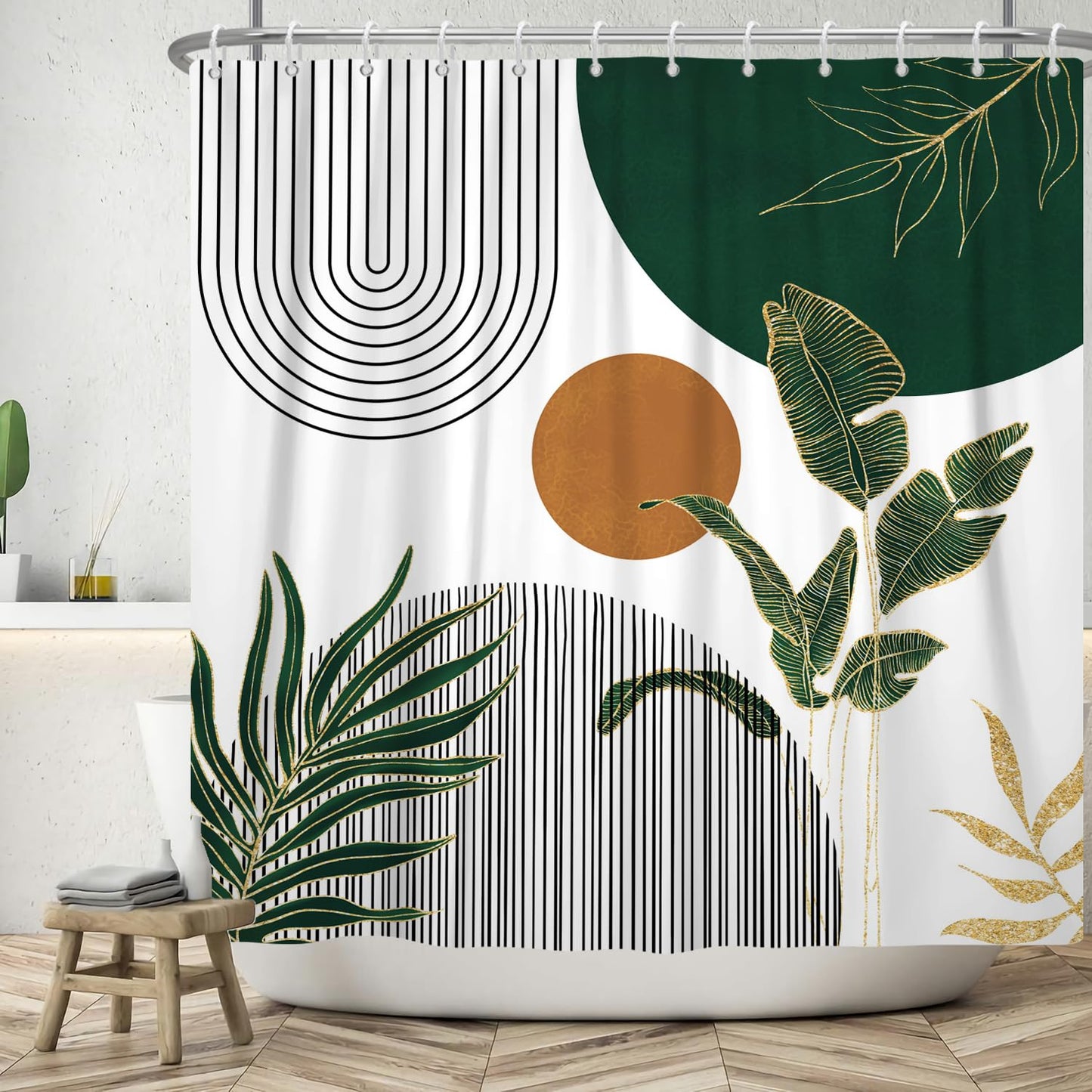 ASDCXZ Boho Shower Curtain 180x200 cm, Modern Abstract Art Boho Style Brown Sun Green Leaves White Bath Washable Shower Curtains Polyester Textile