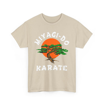 Refined beige t-shirt highlighting the Miyagi-Do Karate logo with a stunning sunset and tree graphic, ideal for martial arts enthusiasts.
