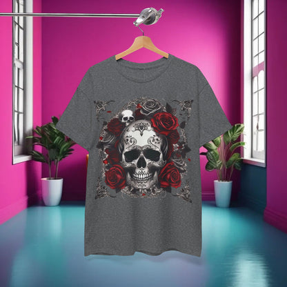 Artistic presentation of the Skulls and Roses Cotton Tee displayed on a hanger, highlighting its unique graphic design of skulls and roses in a vibrant, stylish setting.
