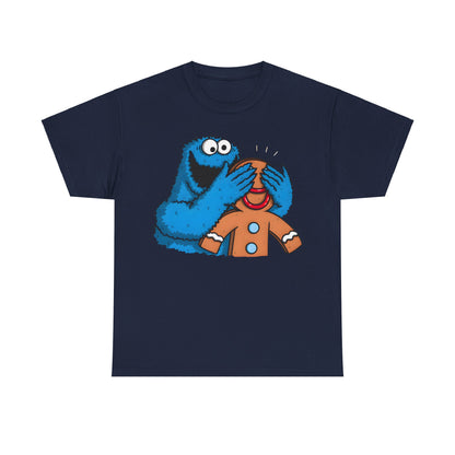 Cookie Monster guess who Graphic Unisex Tee Shirt in deep navy, adorned with a playful illustration of Cookie Monster hiding a gingerbread man's face, ideal for luxury casual outings.