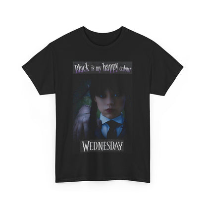 Dramatic front view of the Wednesday Addams Unisex Graphic Tee, featuring striking artwork of Wednesday and Thing, emphasising its gothic flair for stylish fans.