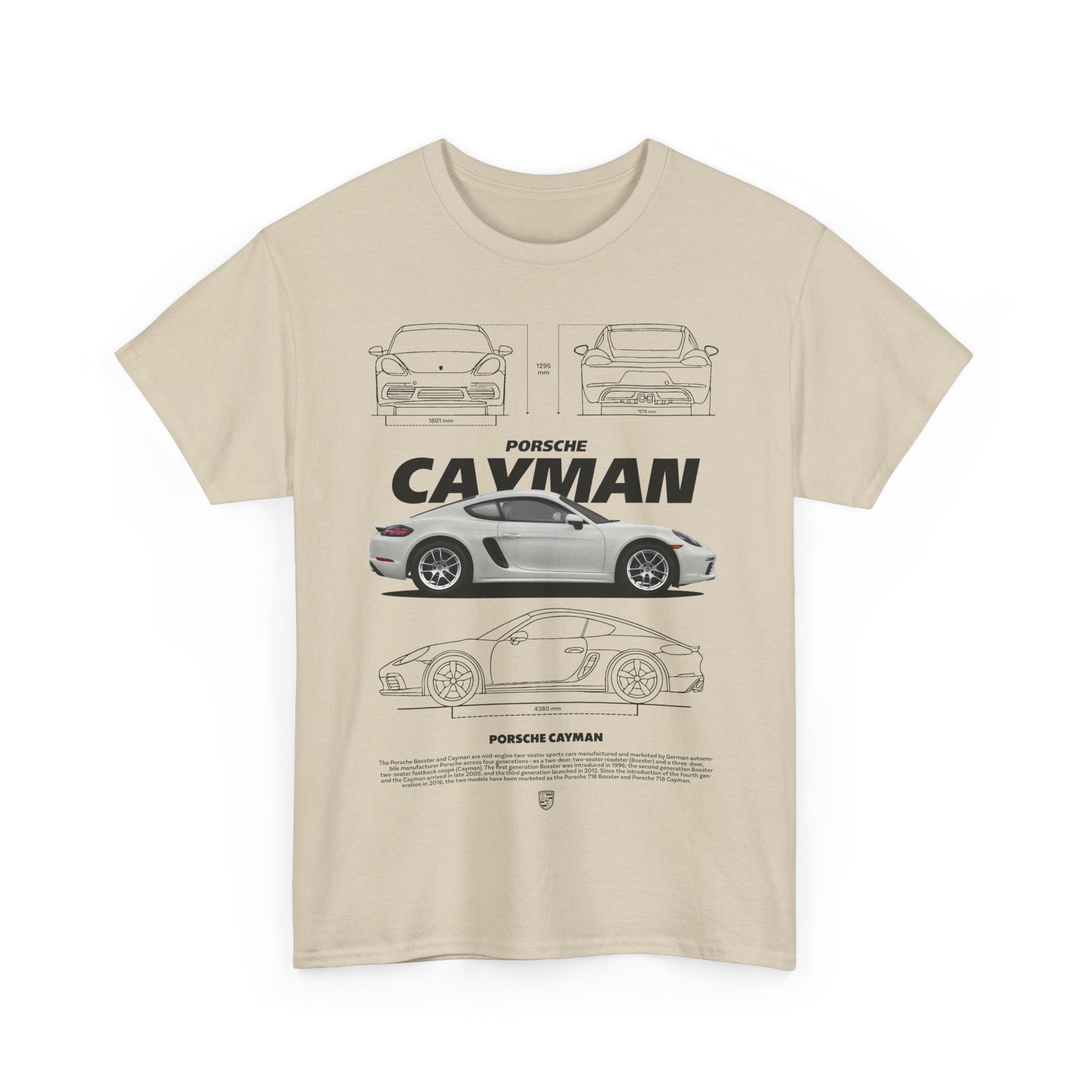 Front view of a refined beige t-shirt, elegantly displaying a graphic of the Porsche Cayman, blending automotive artistry with fashion.