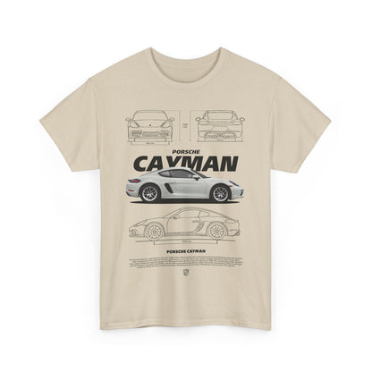 Front view of a stylish beige men's T-shirt featuring a detailed illustration of a Porsche Cayman, showcasing its sleek design and engineering excellence.