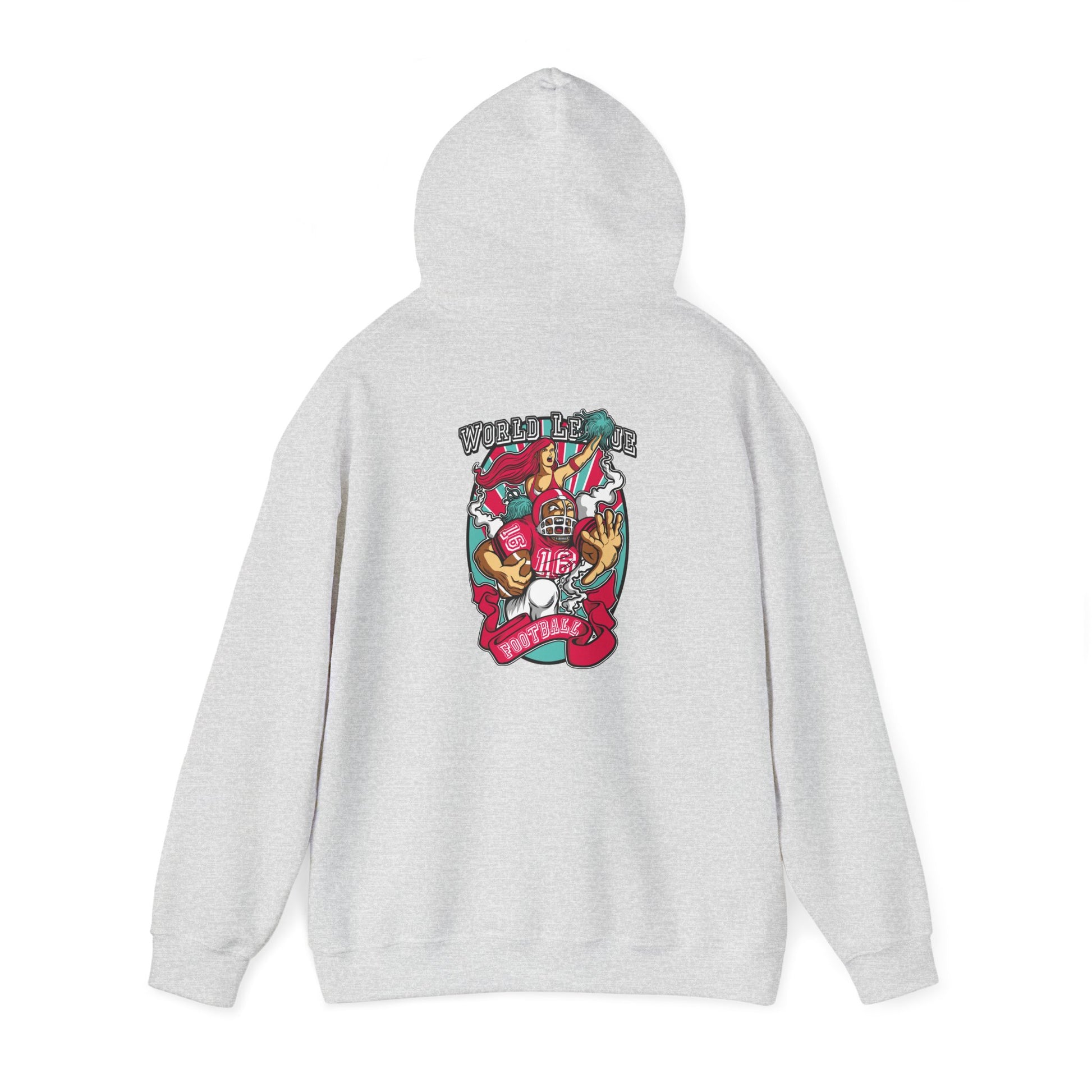 Stylish grey hoodie featuring a vibrant back graphic with 'WORLD LEAGUE' text, cartoon football player, and cheerleader illustration, perfect for sports enthusiasts.