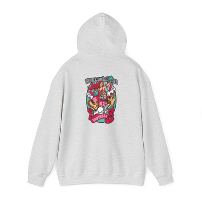 Stylish grey hoodie featuring a vibrant back graphic with 'WORLD LEAGUE' text, cartoon football player, and cheerleader illustration, perfect for sports enthusiasts.