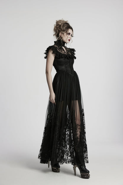 Close-up of rose and pearl embellishments on the lace ruffle trim of the Punk Rave Seraphina Goth Flying Sleeve Dress.