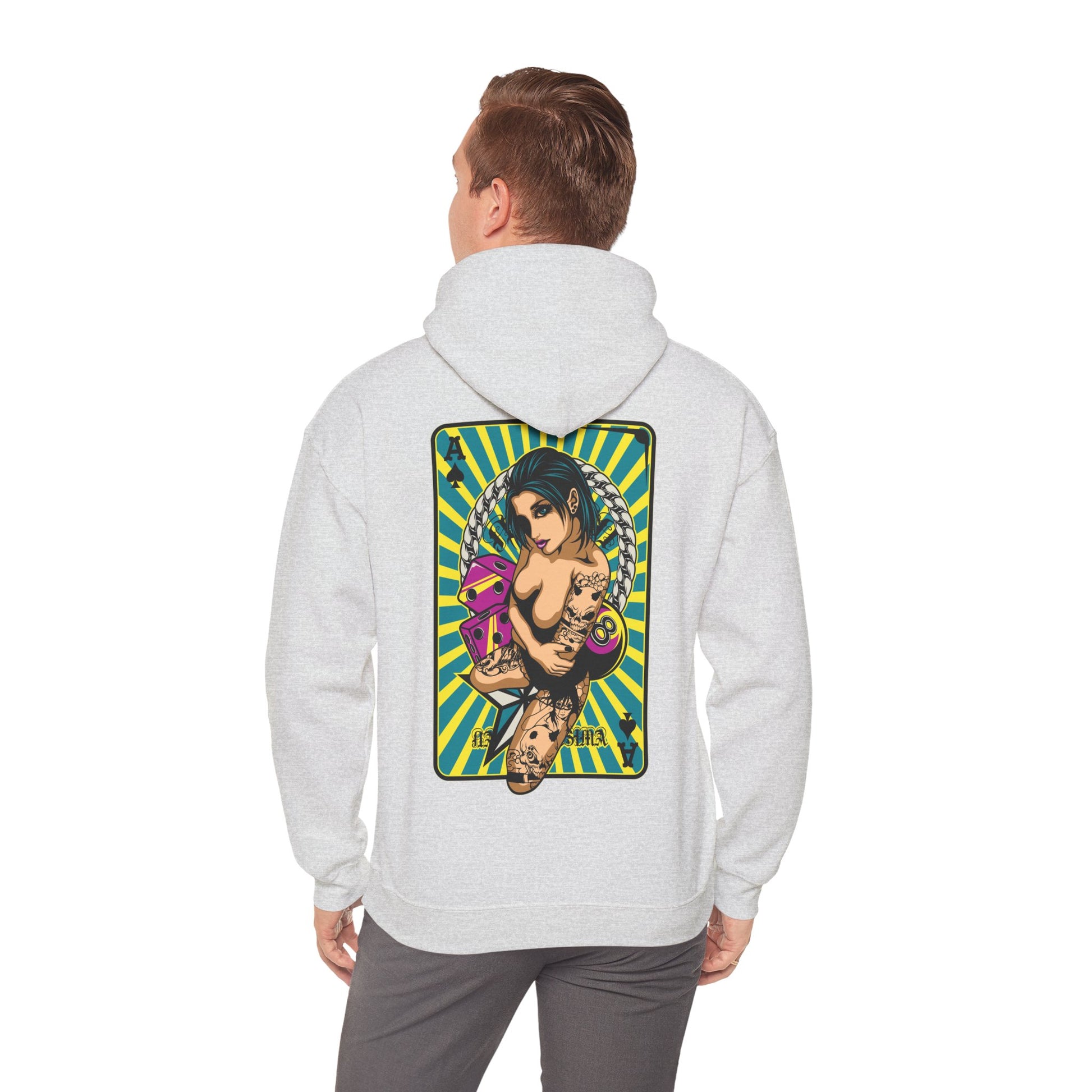 Men's heather grey hoodie featuring a captivating back print of a tattooed lady and dynamic playing card imagery, an emblem of contemporary style.