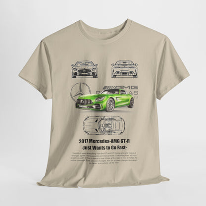 Stylish men's t-shirt showcasing a detailed graphic of the 2017 Mercedes-AMG GT-R, paired with iconic Mercedes logos, perfect for motorsport aficionados.