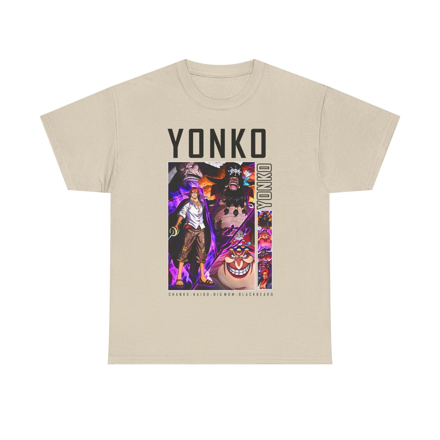 Elegant Yonko graphic t-shirt showcasing vibrant artwork of key anime figures including Shanks and Kaido, crafted in a refined beige colour for a sophisticated look.