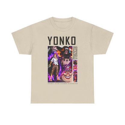 Elegant Yonko graphic t-shirt showcasing vibrant artwork of key anime figures including Shanks and Kaido, crafted in a refined beige colour for a sophisticated look.
