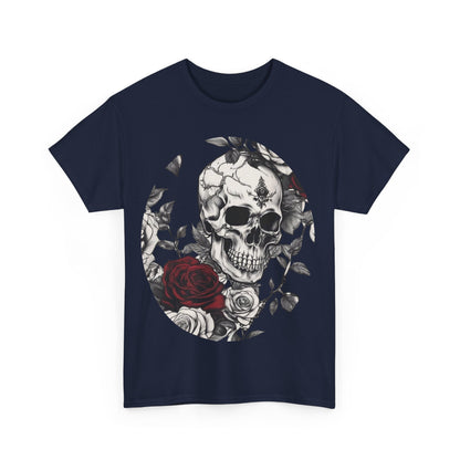 Front view of the Skulls and Roses Cotton Tee, unisex graphic shirt featuring an intricate steampunk skull and rose design in vibrant colours.
