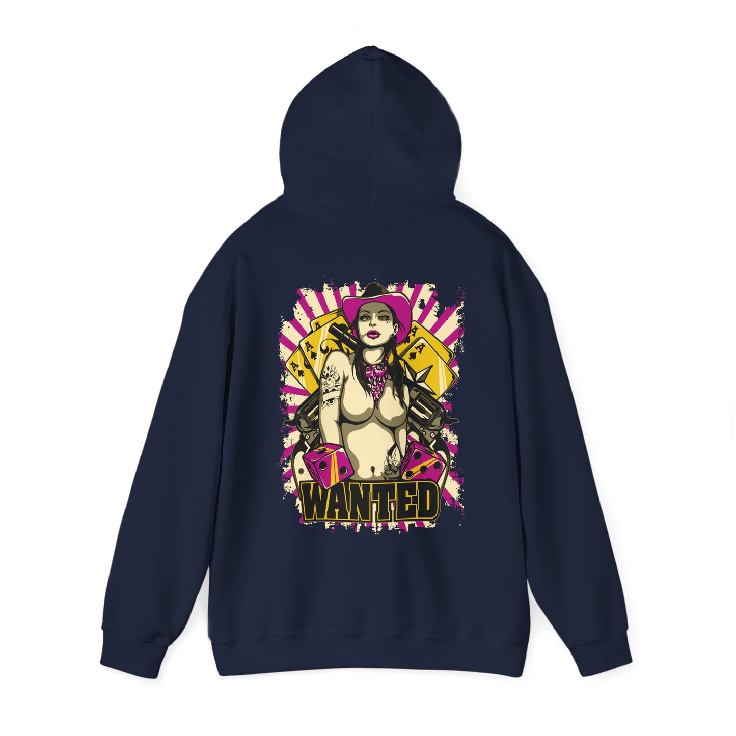 Stylish navy hoodie showcasing a captivating back graphic of a fierce woman in a pink cowboy hat, adorned with dice and 'WANTED' text, ideal for bold fashion enthusiasts.