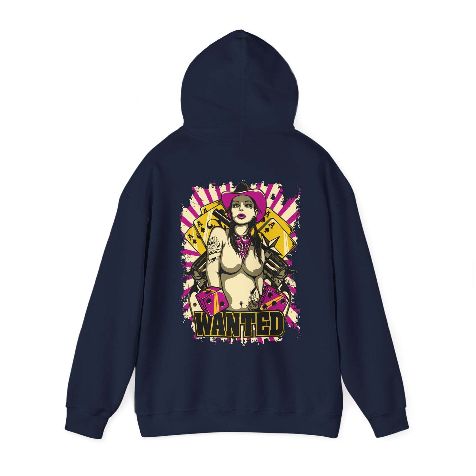 Stylish navy hoodie showcasing a captivating back graphic of a fierce woman in a pink cowboy hat, adorned with dice and 'WANTED' text, ideal for bold fashion enthusiasts.