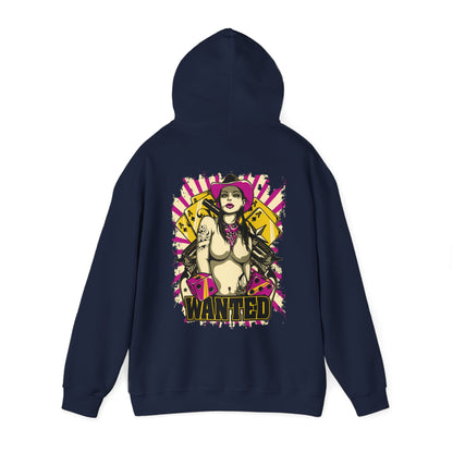 Stylish navy hoodie showcasing a captivating back graphic of a fierce woman in a pink cowboy hat, adorned with dice and 'WANTED' text, ideal for bold fashion enthusiasts.