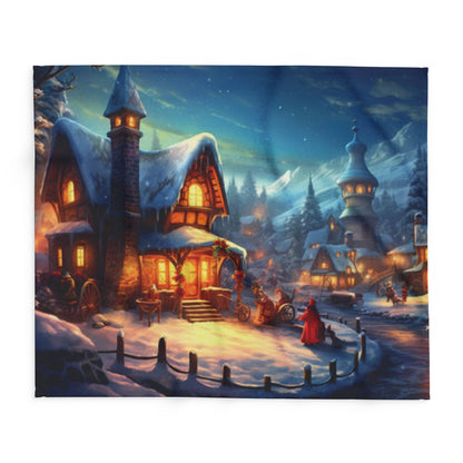Elegant Decorative and Warm Christmas Arctic Fleece Blanket featuring a picturesque winter village scene, perfect for adding a touch of luxury to your holiday decor.