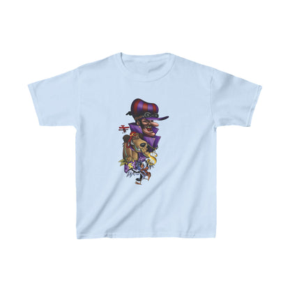 Unisex Kids Dastardly and Muttley Cotton T-Shirt Tee Youths Childs in light blue featuring vibrant graphics of the iconic cartoon characters Dastardly and Muttley.