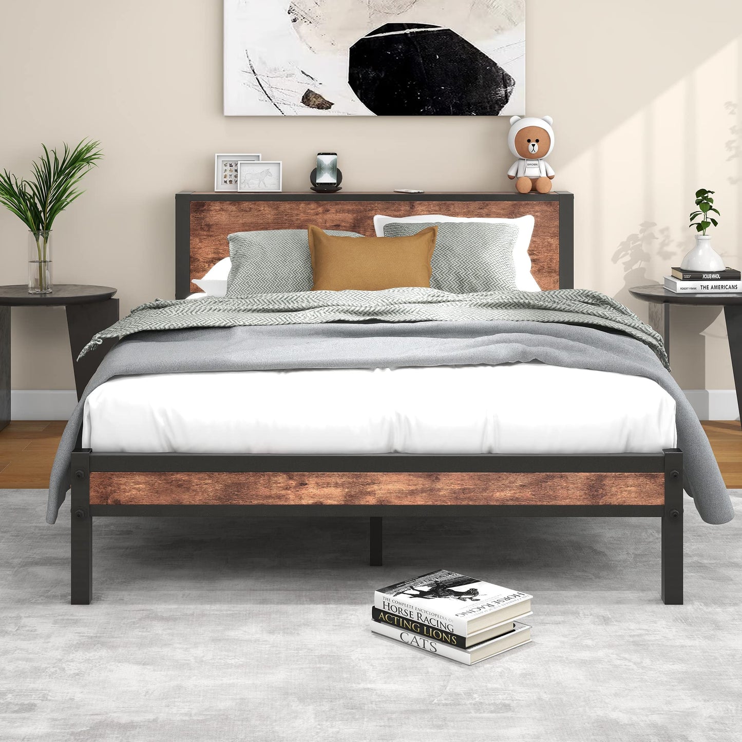 Diahomy King Size Bed Frame with Wooden Storage Headboard Metal Platform Bed Frame King Size/Mattress Base/Underbed Storage/No Box Spring Needed/Brown