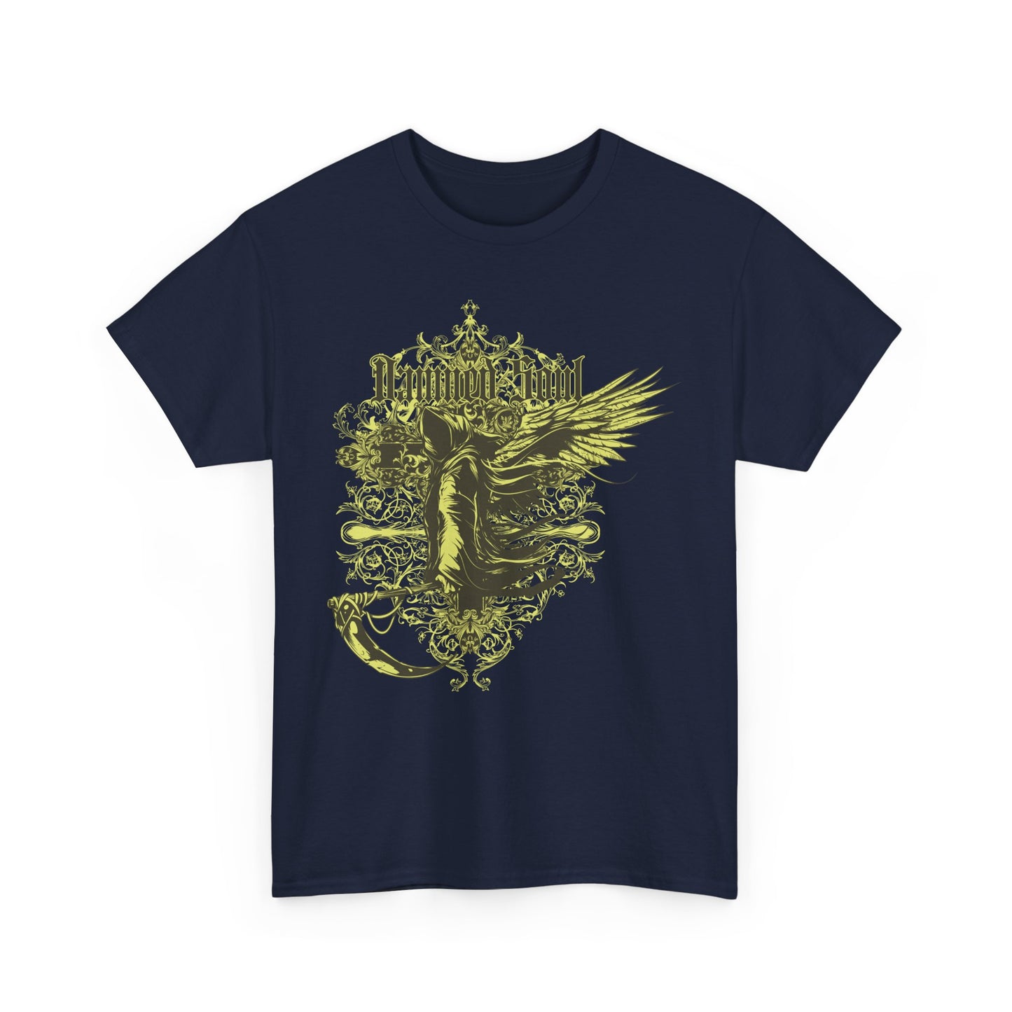 Exquisitely designed navy blue men's t-shirt showcasing a striking Grim Reaper graphic with 'Damned Soul' in ornate gothic lettering, surrounded by intricate floral details.