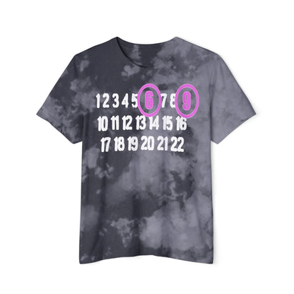 Chic grey tie-dye women's t-shirt with a trendy number arrangement, emphasising '6' and '9' in light purple circles for a fun and luxurious aesthetic, crafted from soft organic cotton for a sustainable wardrobe.