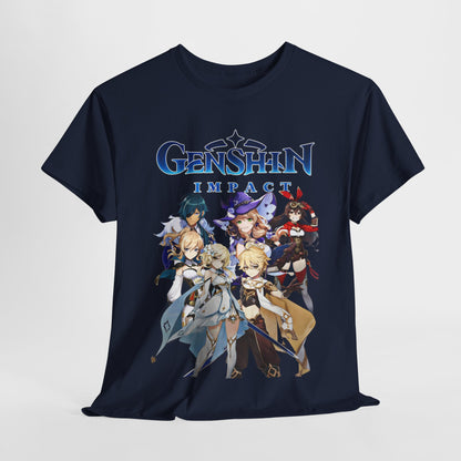 Stylish Genshin Impact T-Shirt artfully displayed, featuring captivating characters, ideal for showcasing personal gaming passion.