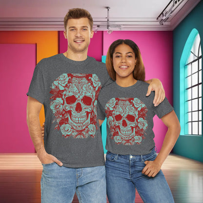 Couple wearing the Skulls and Roses Cotton Tee, embodying a contemporary and chic look, ideal for fashion-forward individuals.