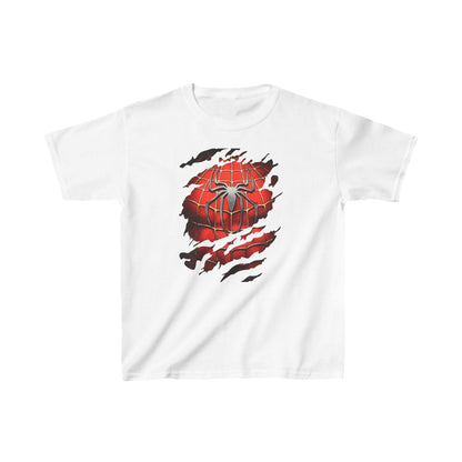Unisex Kids Spider-Man Cotton T-Shirt in white, showcasing a captivating Spider-Man graphic bursting through the shirt, perfect for young heroes yearning for stylish comfort.