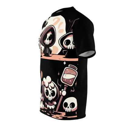 Stylish model wearing the Dazzling Dreams Studio Cartoonish Horror Scene Black Tee, highlighting its fashionable fit and artistic design perfect for unique wardrobe selections.