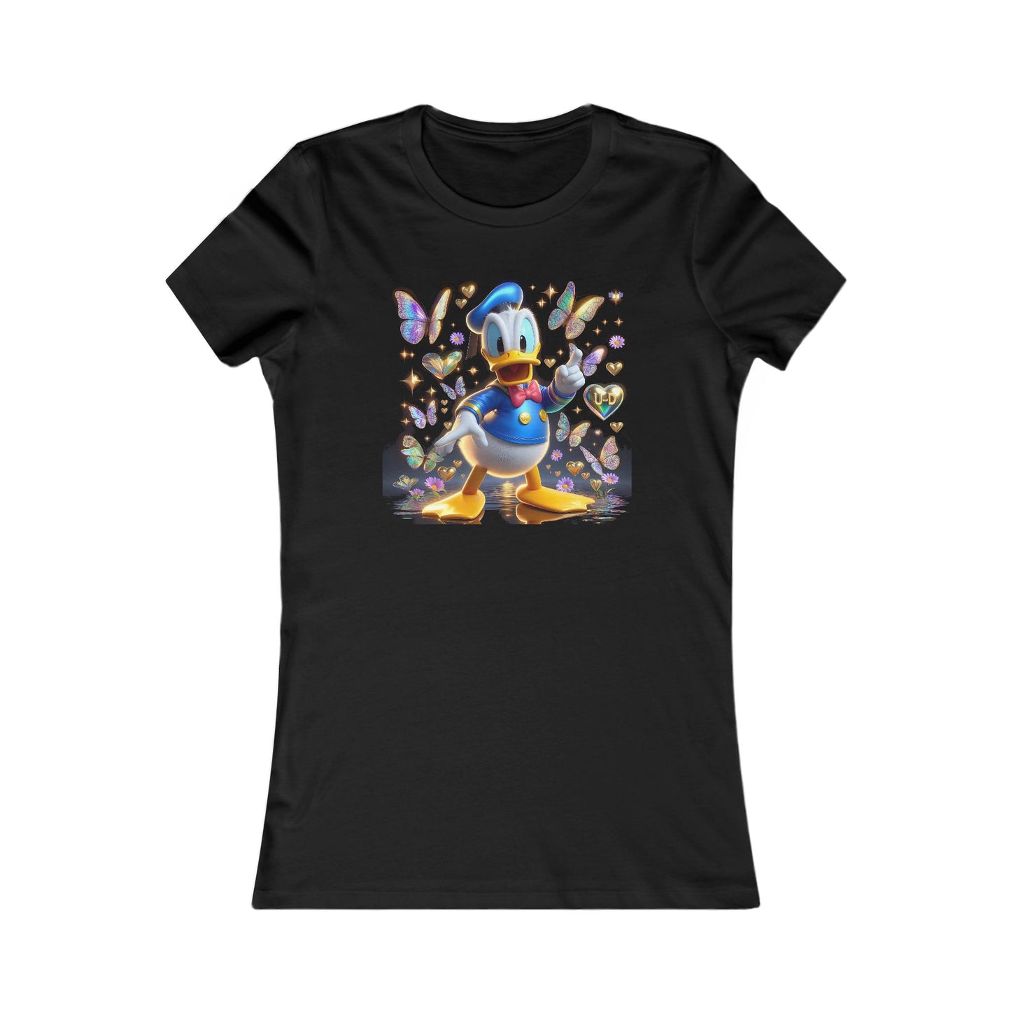 Luxurious Iridescent Donald Duck Women's Cotton T-Shirt Tee featuring a vibrant graphic of Donald Duck surrounded by iridescent butterflies, perfect for Disney enthusiasts seeking a blend of nostalgia and style.