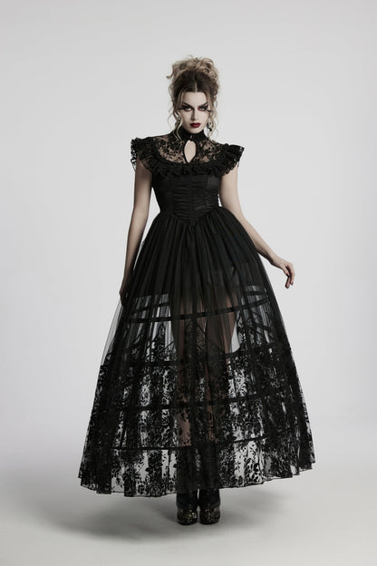 Victorian-inspired stand-up layered collar with keyhole detail on the Punk Rave Seraphina Goth Flying Sleeve Dress.