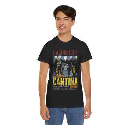 Men wearing Star Wars Cantina Band Tour T Shirt, showcasing a vibrant retro design with the text 'LIVE AT MOS EISLEY' and illustrations of alien musicians, perfect for fans of intergalactic humour.