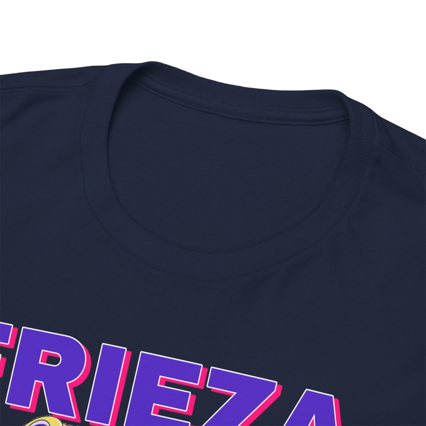 Close-up of luxurious navy t-shirt fabric detailing, highlighting the bold 'FRIEZA' print, exemplifying high-quality craftsmanship for anime lovers who appreciate sophistication.