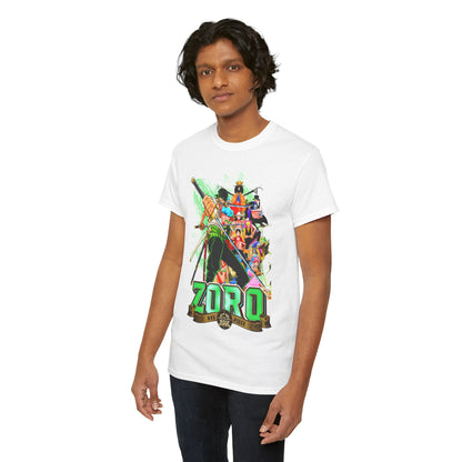 Elegant men's graphic tee showcasing a vibrant illustration of Zoro from One Piece, featuring dynamic designs and bold colours, perfect for anime enthusiasts.