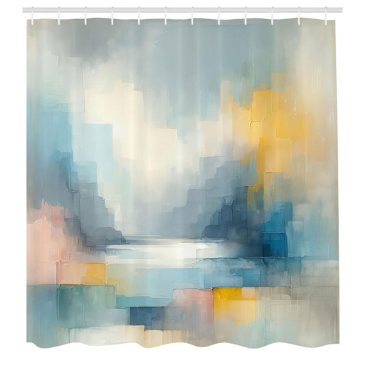 ABAKUHAUS Modern Shower Curtain, Contemporary Print Strokes, Cloth Fabric Bathroom Decor Set with Hooks, 175 x 200 cm, Light Blue Mustard Pink