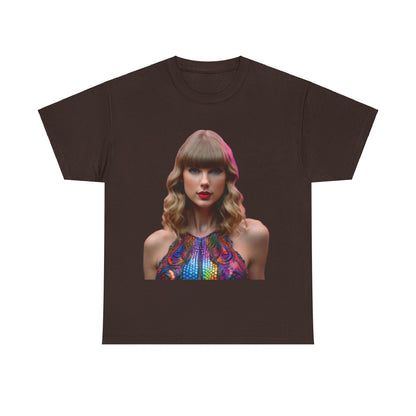 Elegant brown Swifties psychedelic Taylor Swift heavy cotton tee showcasing a vivid psychedelic image of Taylor Swift, a must-have for devoted fans.