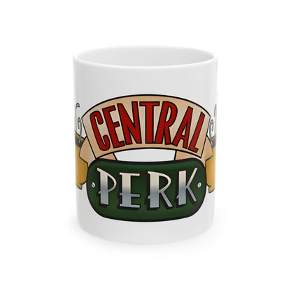Central Perk Friends Retro Image 11oz Ceramic Mug showcasing the iconic Central Perk logo, a perfect gift for nostalgic coffee lovers.