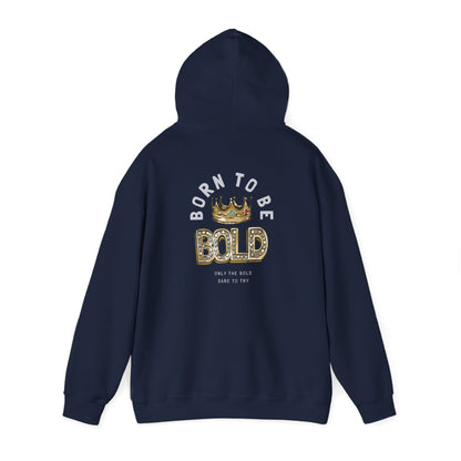 Sophisticated navy hoodie featuring a fashionable back print, perfect for showcasing individuality, with the impactful phrase 'BORN TO BE BOLD' and a decorative crown.