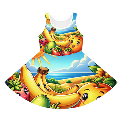 Lulu Vanworth Girls Summer Sundress featuring a colourful fruit print and vibrant landscape design by Dazzling Dreams Studio, perfect for sunny adventures.