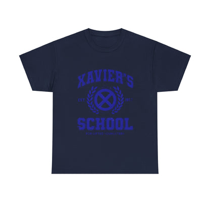 Elegant navy unisex t-shirt displaying the Xavier's School for Gifted Youngsters X-Men logo in a refined blue hue.